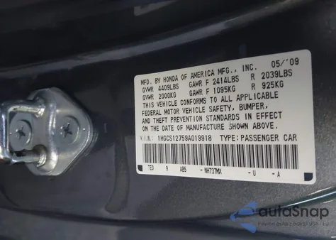 2009 Honda Accord 2.4 Ex из США, поврежденный, VIN 1HGCS12759A019918